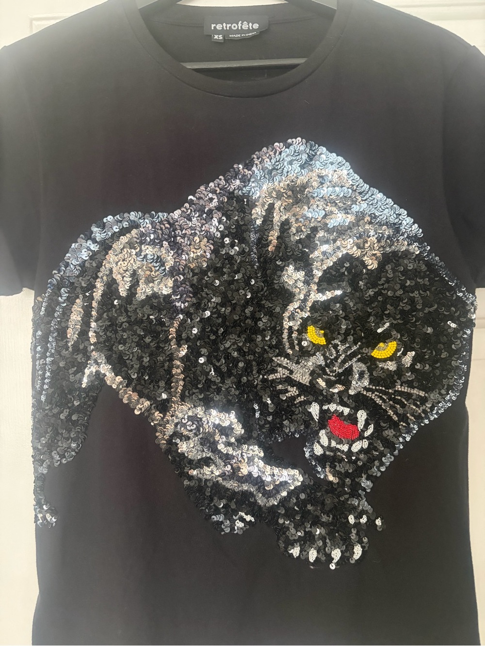 Retrofete Black Sequin Panther Tee with Yellow Eyes